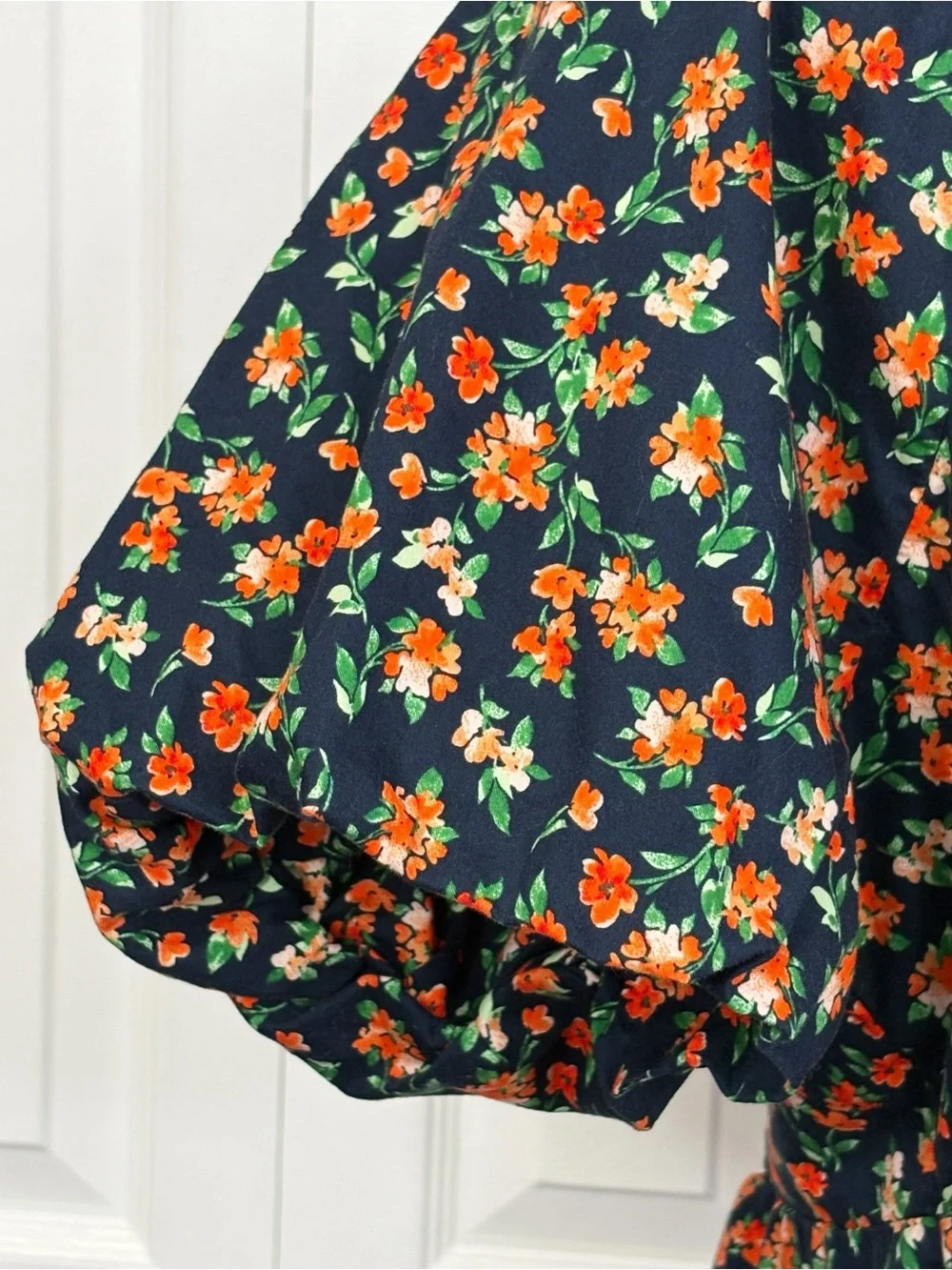 Old Navy Navy Blue & Orange Floral Print Puff Sleeve Smocked Trapeze Top XL